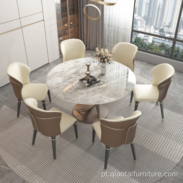 Mesa de jantar redonda de luxo em mármore de ferro com toca-discos